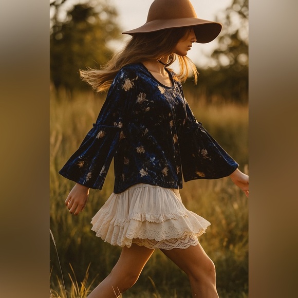 SIENNA SKY | Floral Velvet Women's Top - Blue - Picture 1 of 9